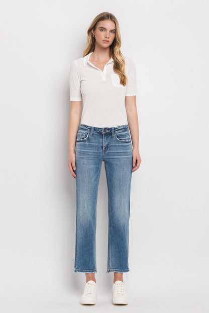 Mid Rise Crop Straight W/ Uneven Hem Detail