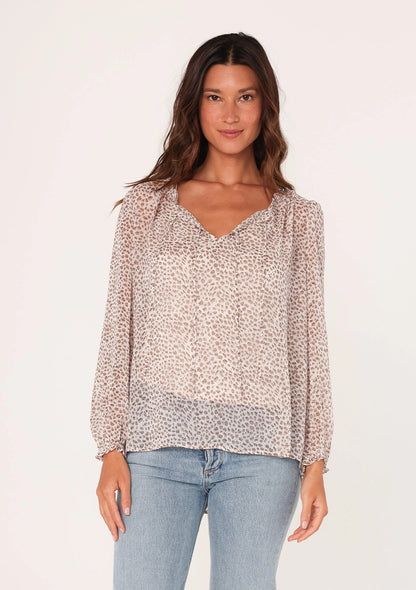 Sheer Animal Print Long Sleeve Tie Neck Blouse