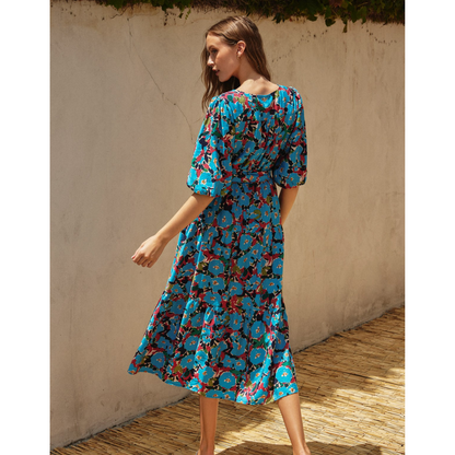 To The Sky Balloon Sleeve Floral Midi Dress